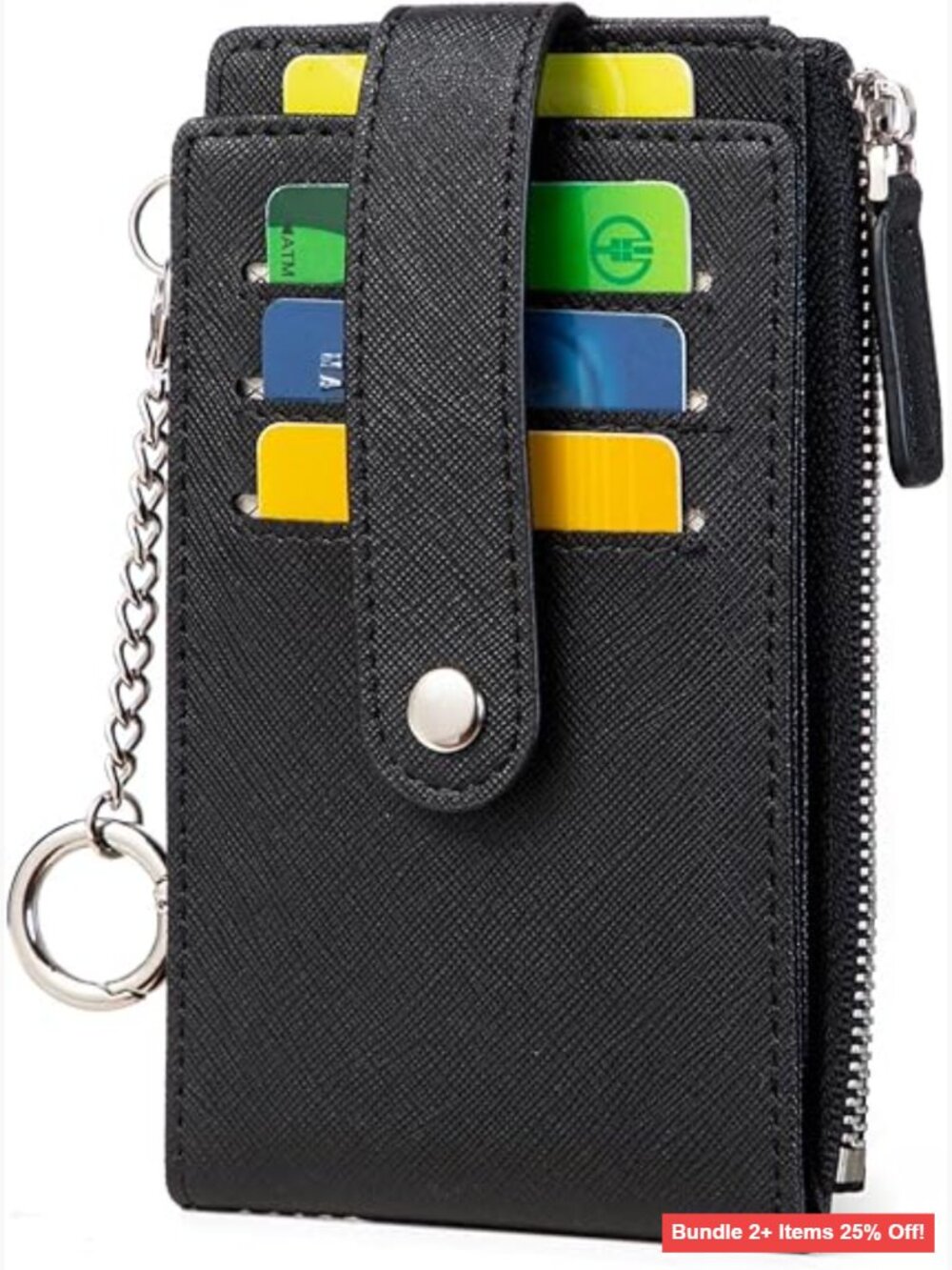 Slim RFID Leather Card Holder with Keychain, 9 Slots, Zipper Pocket